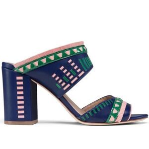 Tory Burch Topanga Mule Block Heel Sandal Fringed Navy Blue 7.5